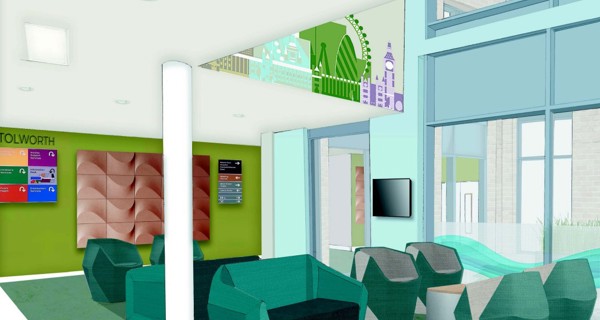 CGI of the modern hospital reception area with welcoming design