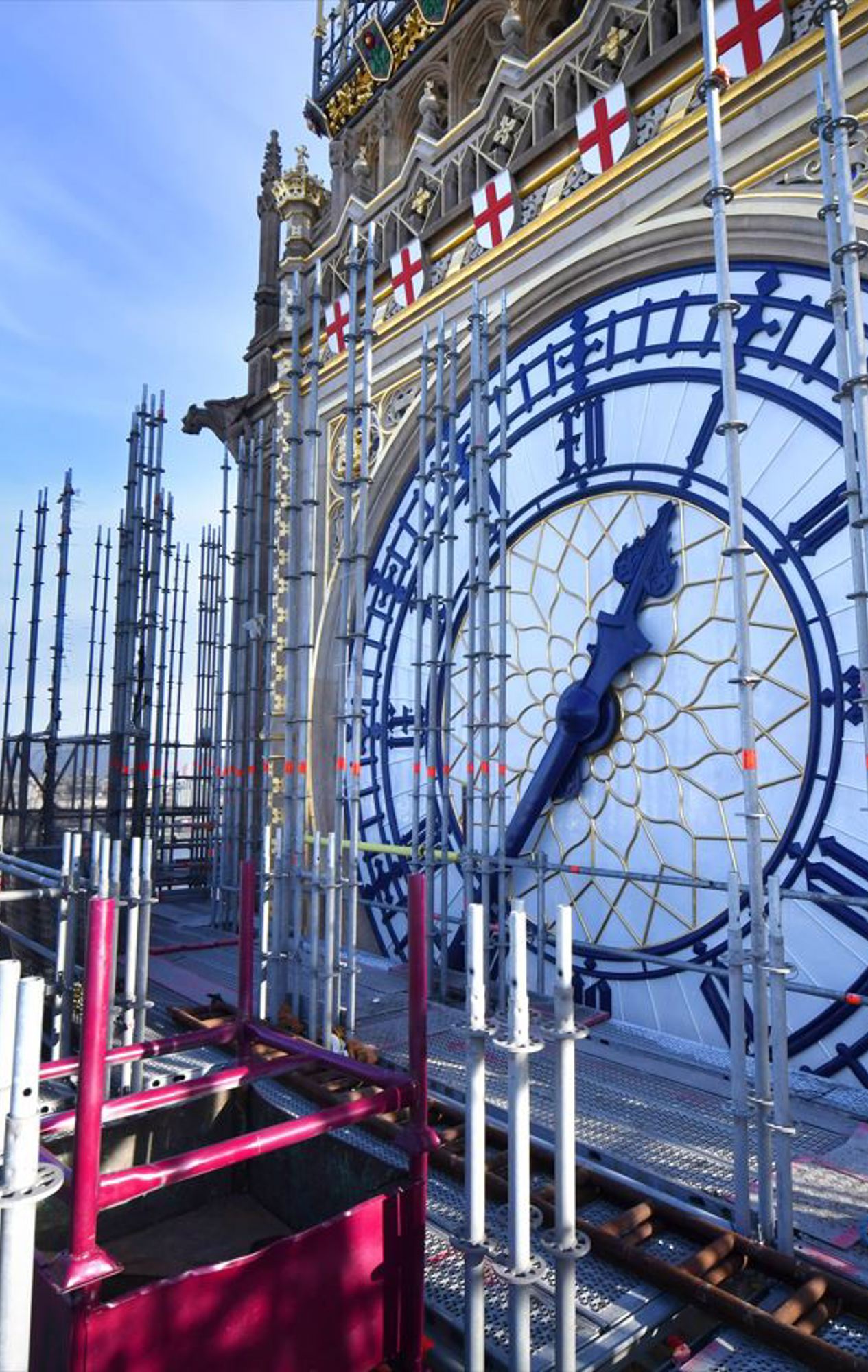 Elizabeth tower clock face with scaffolding